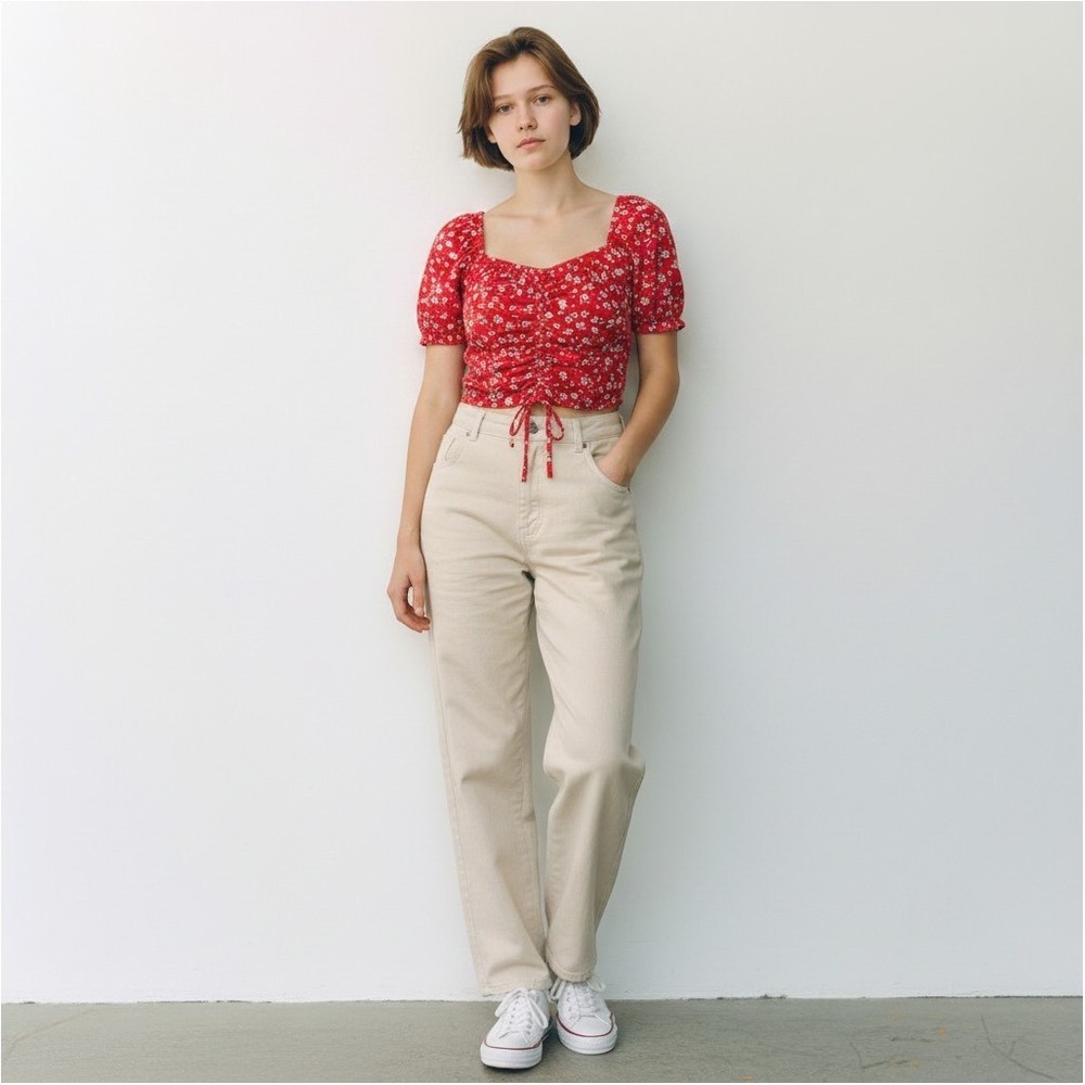 Joyjoy Red Floral Ruched Crop Top Puff Sleeve Coquette Cottagecore Boho L